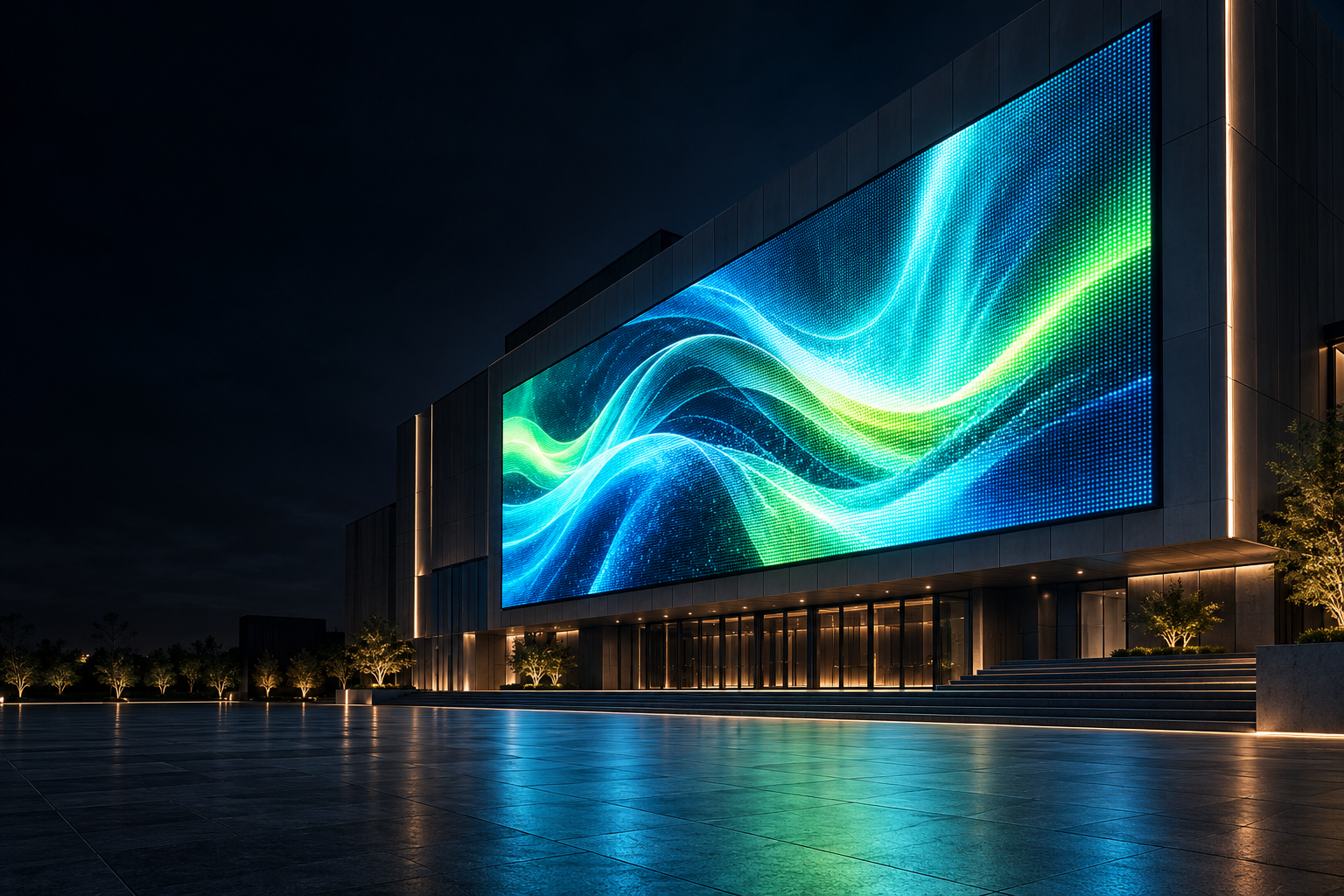 Concept rendering of a luminous LED wall on a modern commercial facade at night